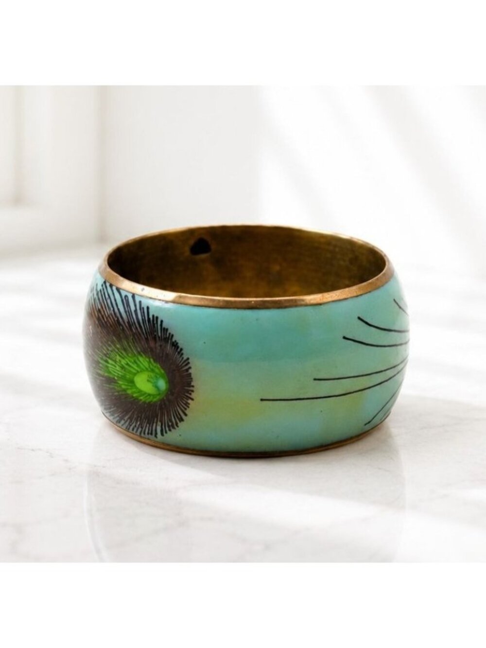 Hand-Painted Brass Bangle With Peacock Feather Design‎ Vintage Style